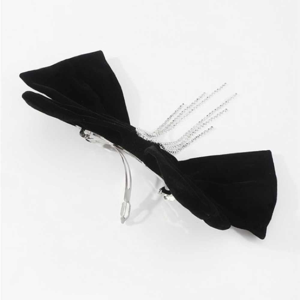 Black Velvet Crystal Tassel Hair Clip Bow (8000) - Picture 6 of 6